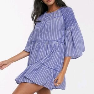 FREE PEOPLE Lola Blue‎ White Striped Embroidered Loose Fit Mini Dress XS Boho